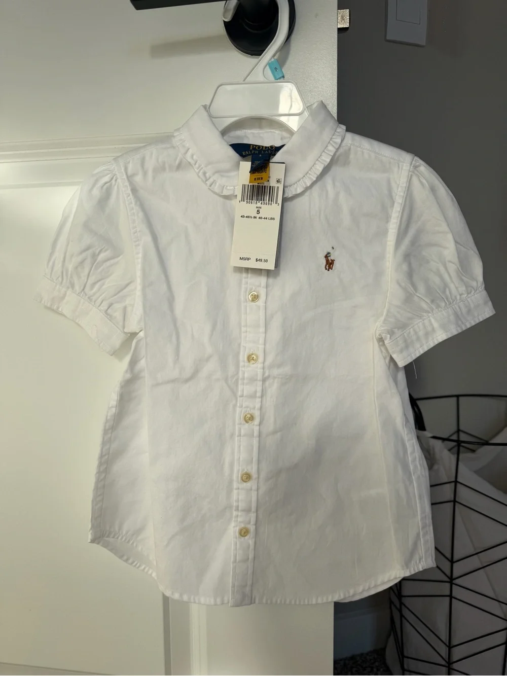 Ralph Lauren White Short-Sleeve Ruffle Collar Button-Down Shirt
